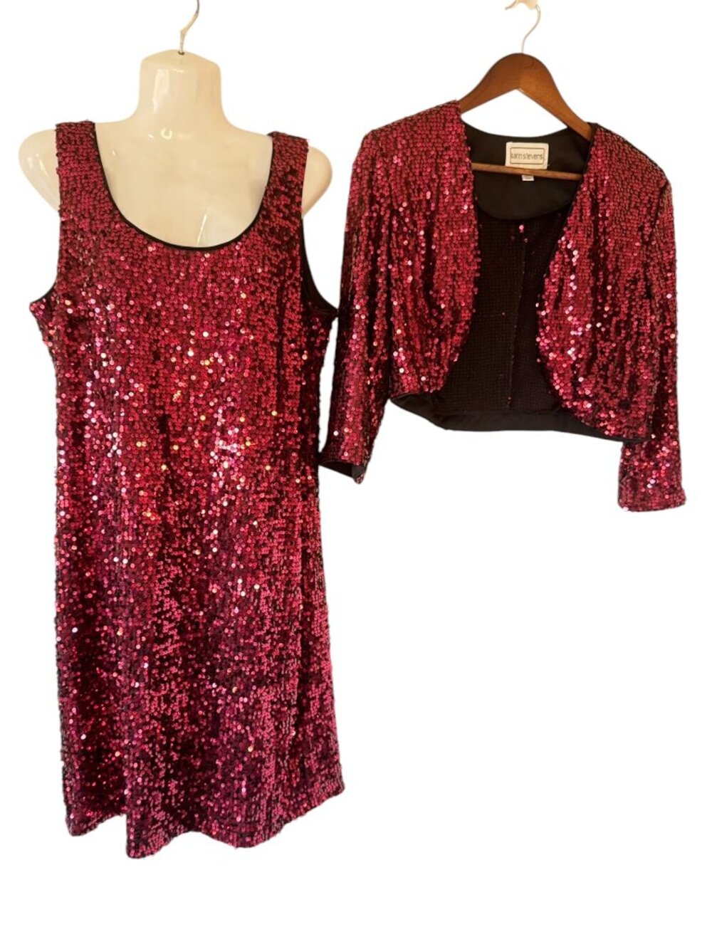 Karin Stevens Red Sequined Stretch Tank Dress Set with Matching Jacket Party 14